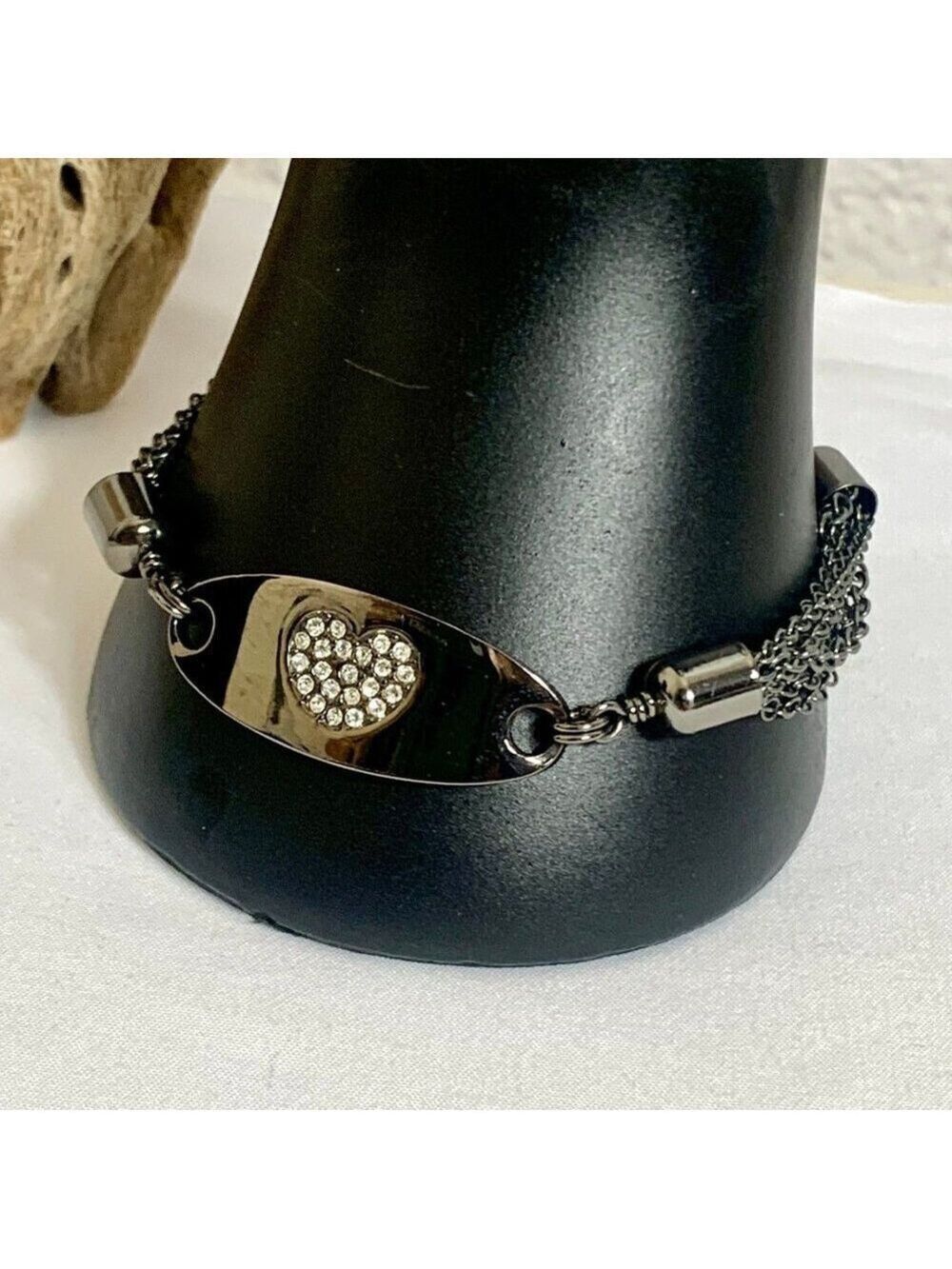 Lia Sophia Gun Metal Grey Heart Bracelet Rhinestone